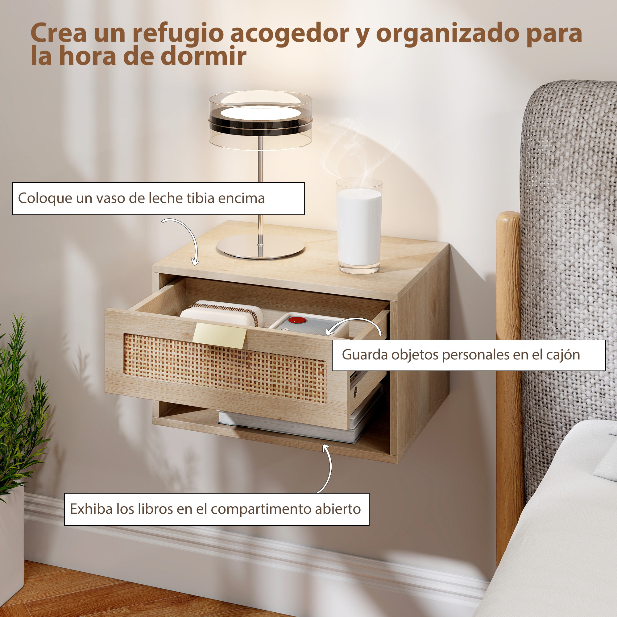 Juego de 2 Mesitas de Noche Flotantes, Mesillas de Noche Dormitorio con Cajón de Ratán, Estante Abierto, Ahorra Espacio, Diseño Nórdico, para Sala de Estar, 40x30x25 cm, Roble