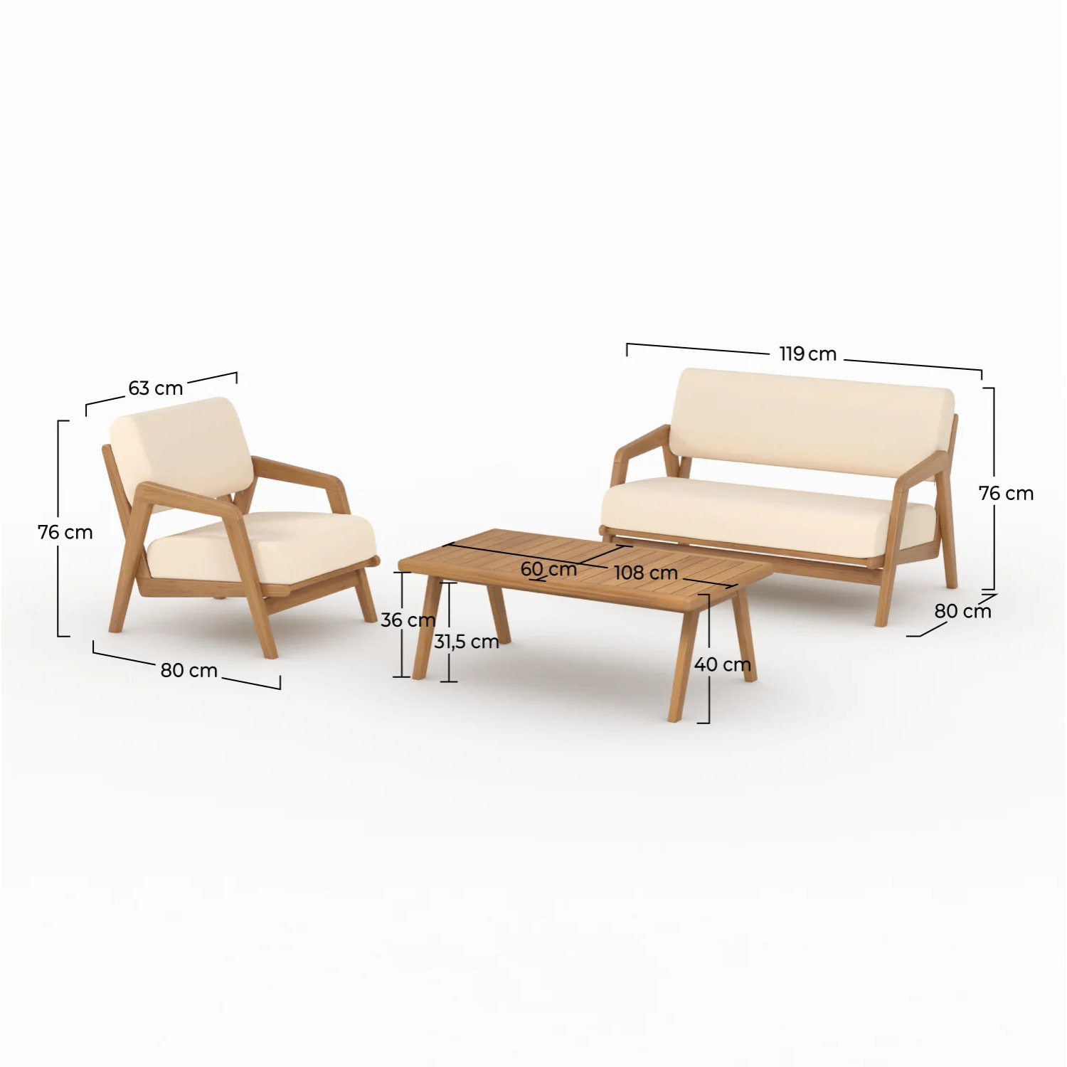 Salon de jardin 3 places en tissu beige clair et bois d'acacia - Siargao