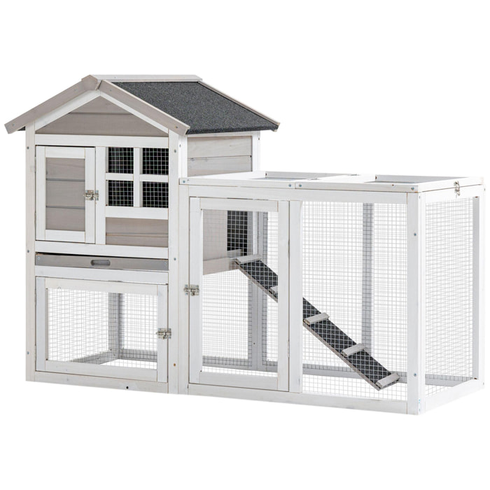 Clapier cage à lapins cottage - niche supérieure avec rampe et enclos extérieur - plateau excrément, toit bitumé, 4 portes verrouillables - bois sapin blanc gris