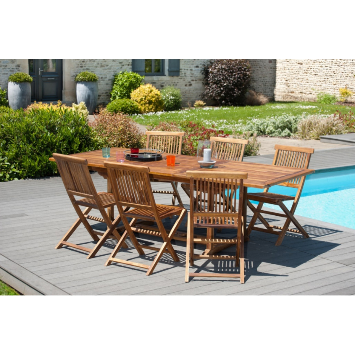 HANNA - SALON DE JARDIN EN BOIS TECK HUILE 4/6 pers : 1 Table rectangulaire extensible 120*180/90 cm et 6 chaises