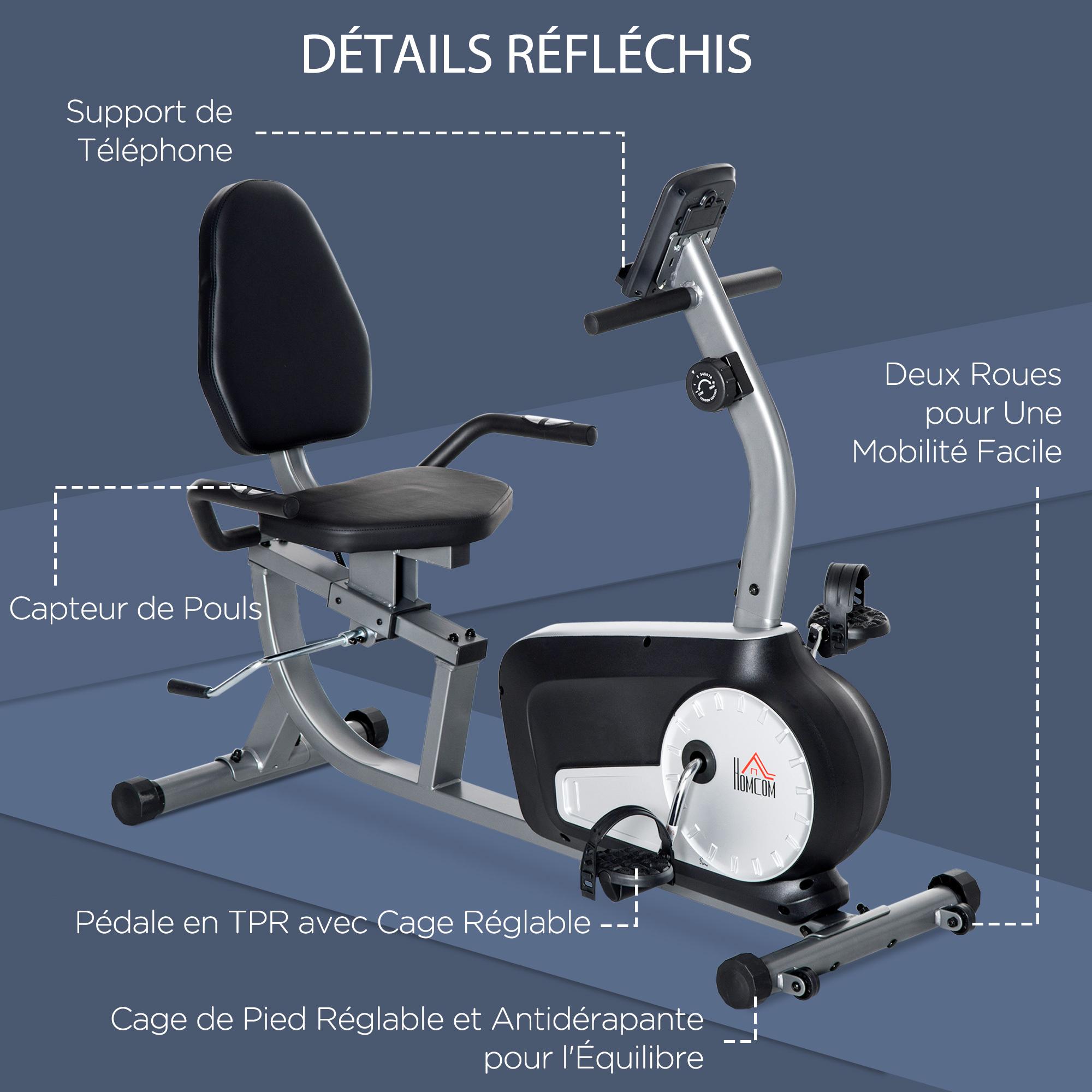 Vélo d'appartement semi-allongé magnétique écran LCD multifonction selle dossier résistance réglable acier ABS gris noir