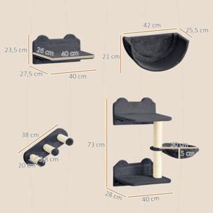 Estante de Escalada para Gatos de Pared Juego de Estantes para Gatos 4 Piezas con Hamaca Nido Rascador Plataformas para Saltar y Poste de Sisal Gris Oscuro