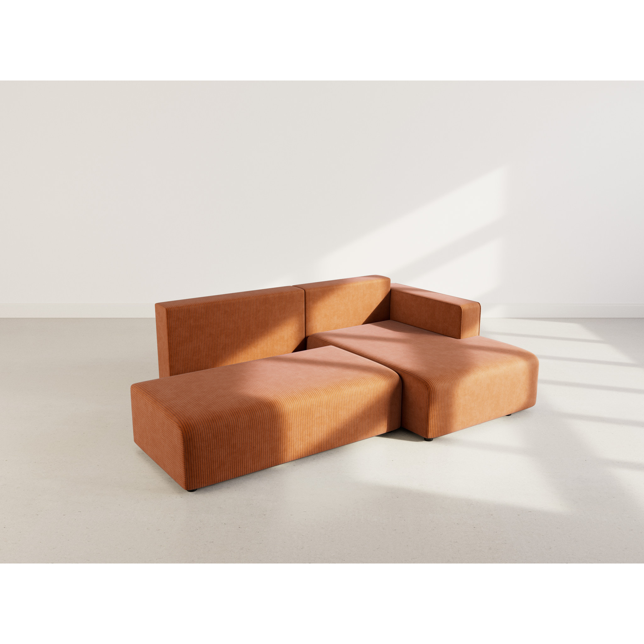 Topaze - canapé d'angle droit 4 places convertible avec coffre en velours côtelé - Terracotta