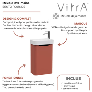 Meuble lave mains Sento Round terracotta avec plan vasque céramique 45 cm