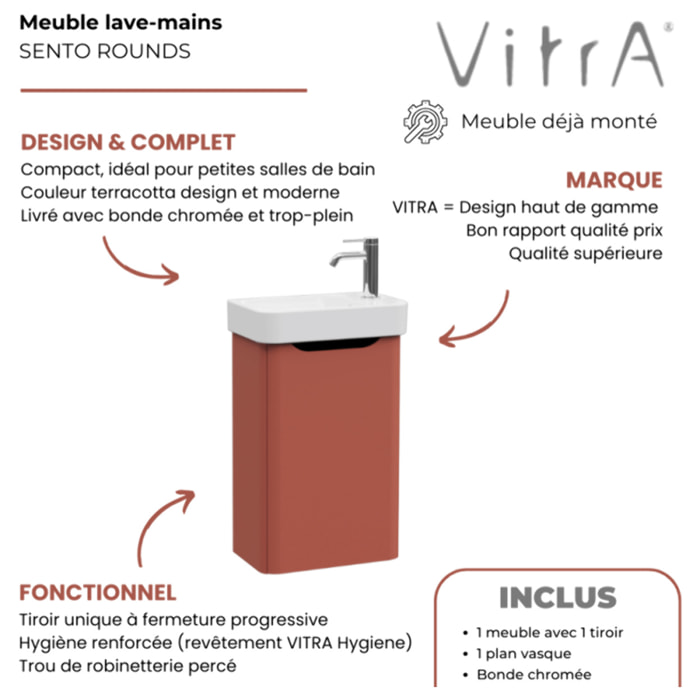 Meuble lave mains Sento Round terracotta avec plan vasque céramique 45 cm