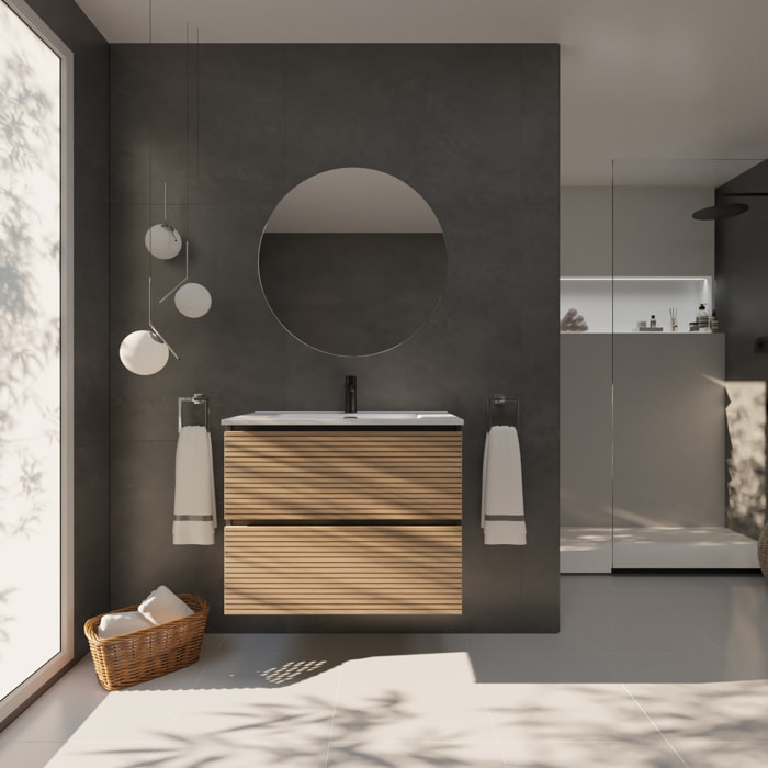 Yinu Salle de Bain | 80 cm Noir - Solomon | Deux Tiroirs | Lavabo Encastré | N'inclut pas le Miroir | Alday
