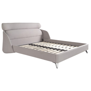 Cama Angel Cerdá de matrimonio con un cabecero y estructura en tela en gris claro y patas de acero inoxidable en epoxi negro 207x250x102cm