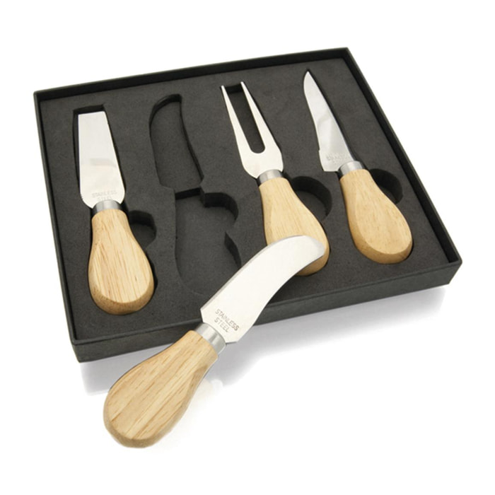 Koet, set per formaggi con utensili in acciaio inox con manici in legno naturale.