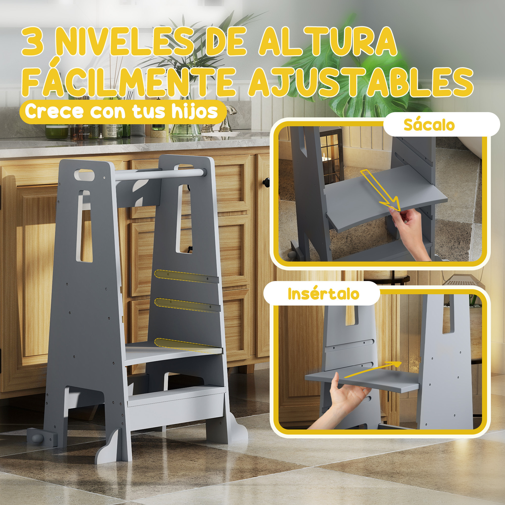 Torre de Aprendizaje Taburete de Aprendizaje para Niños de +3 Años con Pedal Altura Ajustable en 3 Niveles y Barrera de Seguridad para Baño Cocina 45x47,5x91 cm Gris