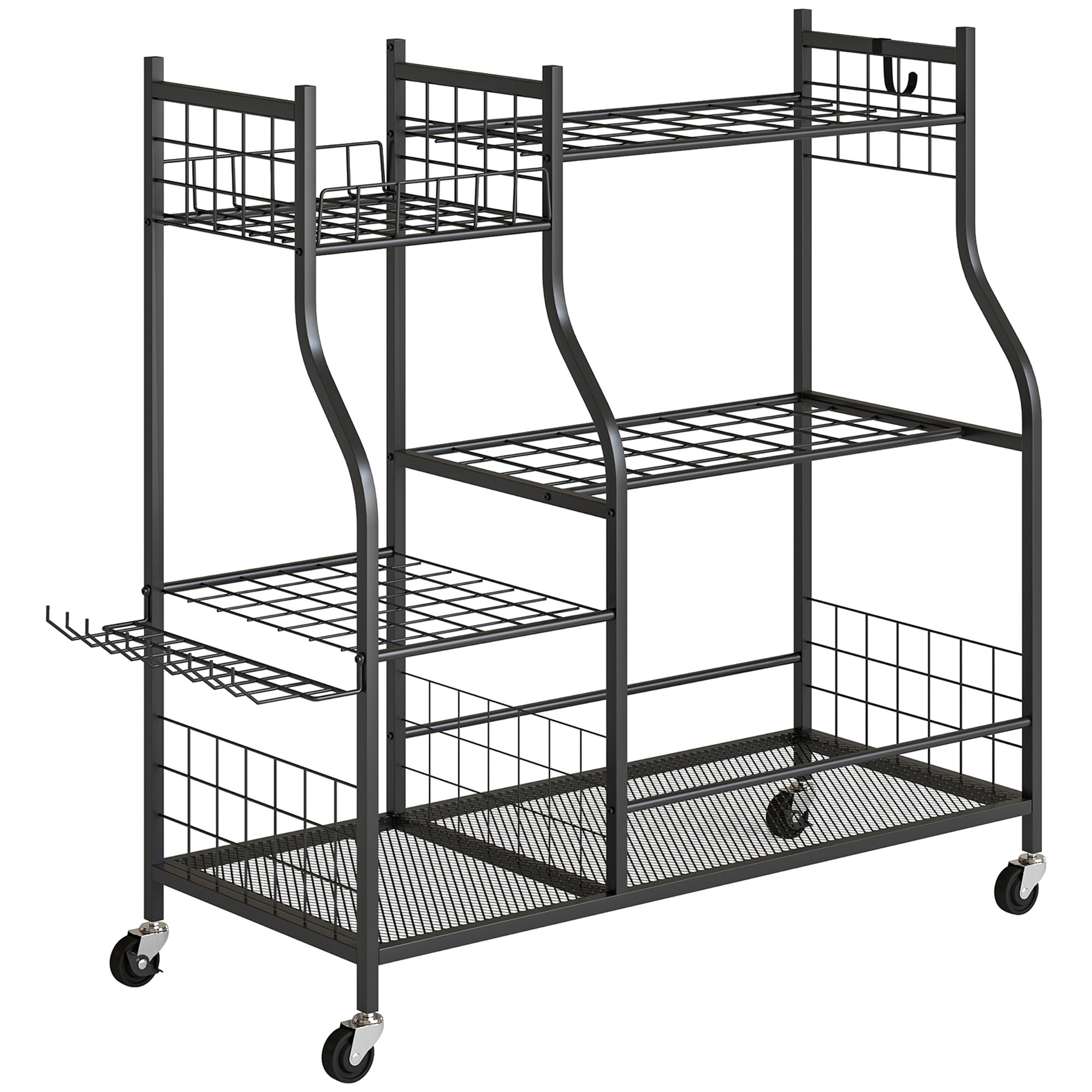 Organisateur d'outils de jardin - chariot de jardin - 11 crochets, 32 compartiments, 3 étagères - acier noir