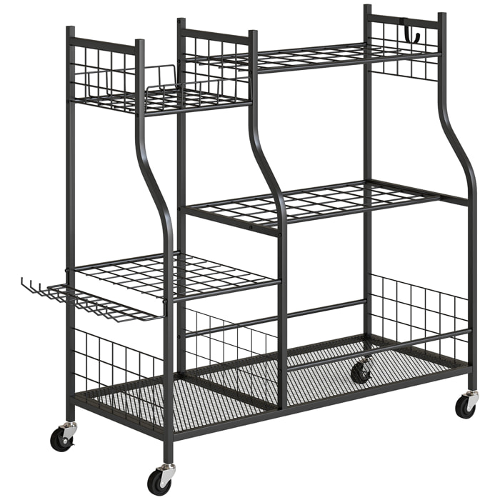 Organisateur d'outils de jardin - chariot de jardin - 11 crochets, 32 compartiments, 3 étagères - acier noir