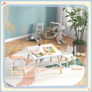 Juego de Mesa y 2 Sillas Infantiles Mesa Infantil con Sillas Respaldos con Orejas de Conejo Mesa Infantil para Guardería Sala de Juegos Blanco