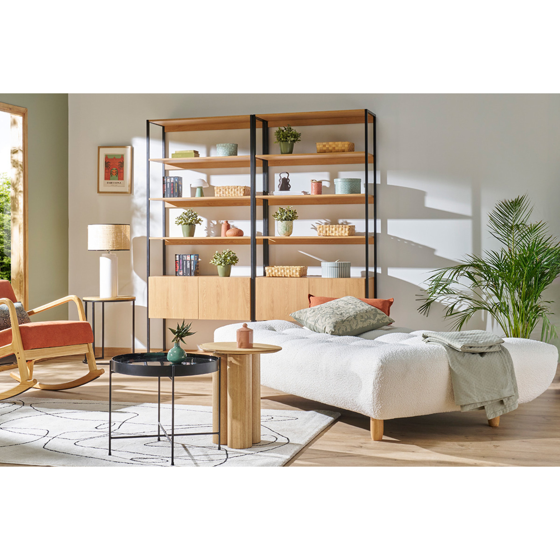 Canapé convertible scandinave 3 places en tissu chenille vert kaki et bois clair YUMI