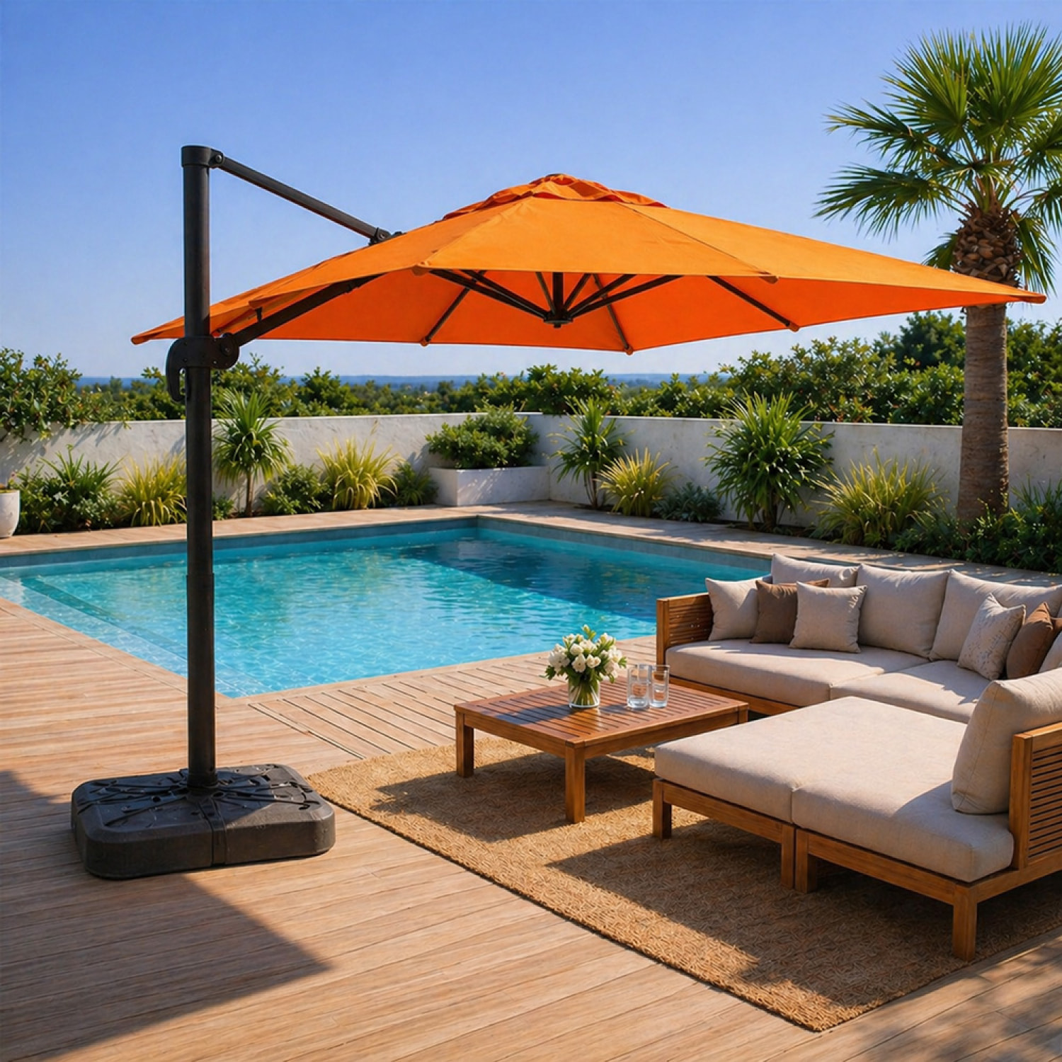 Parasol carré 3x3 déporté rotatif orange en aluminium RAFAELA