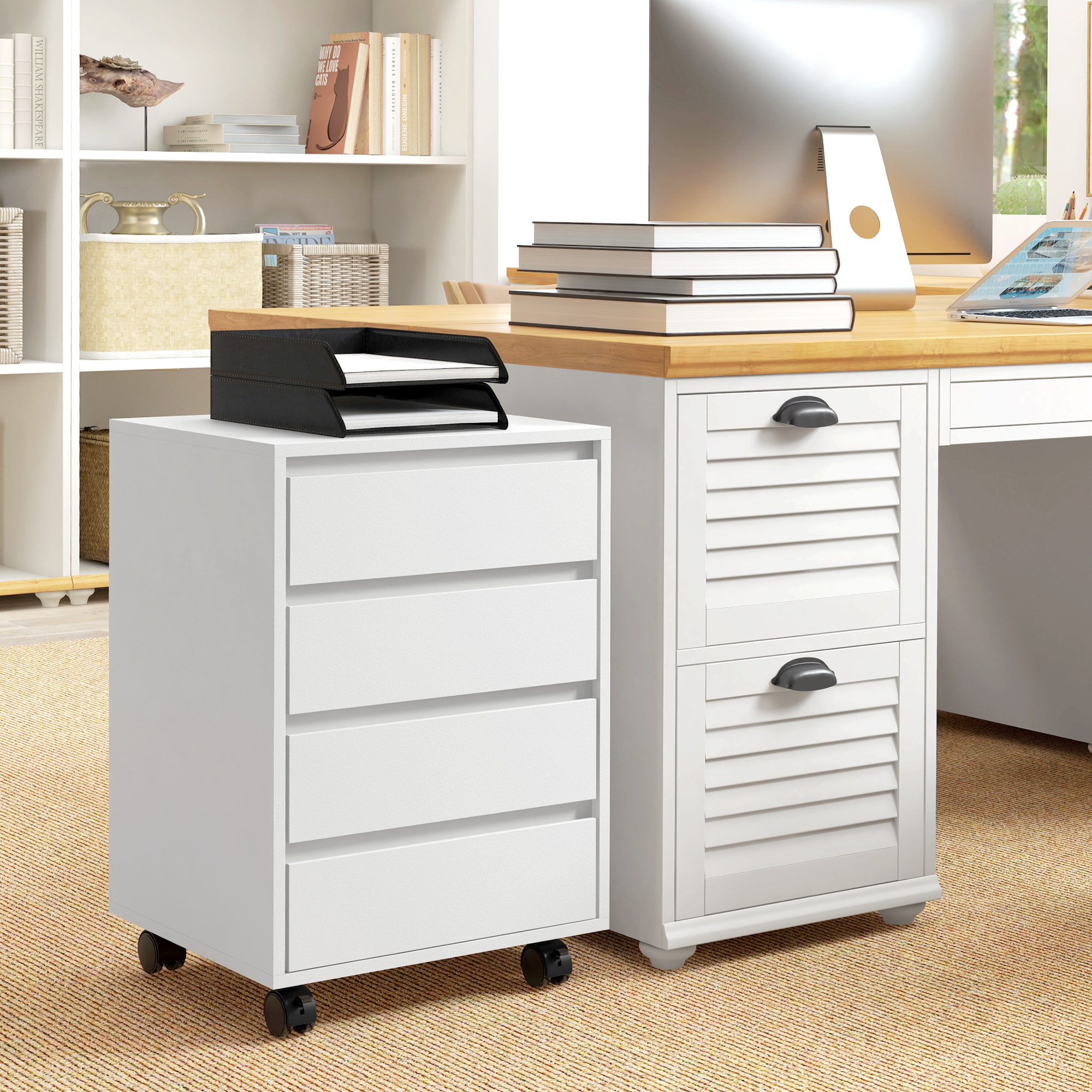 Caisson de bureau rangement bureau sur roulettes 4 tiroirs coulissants MDF blanc