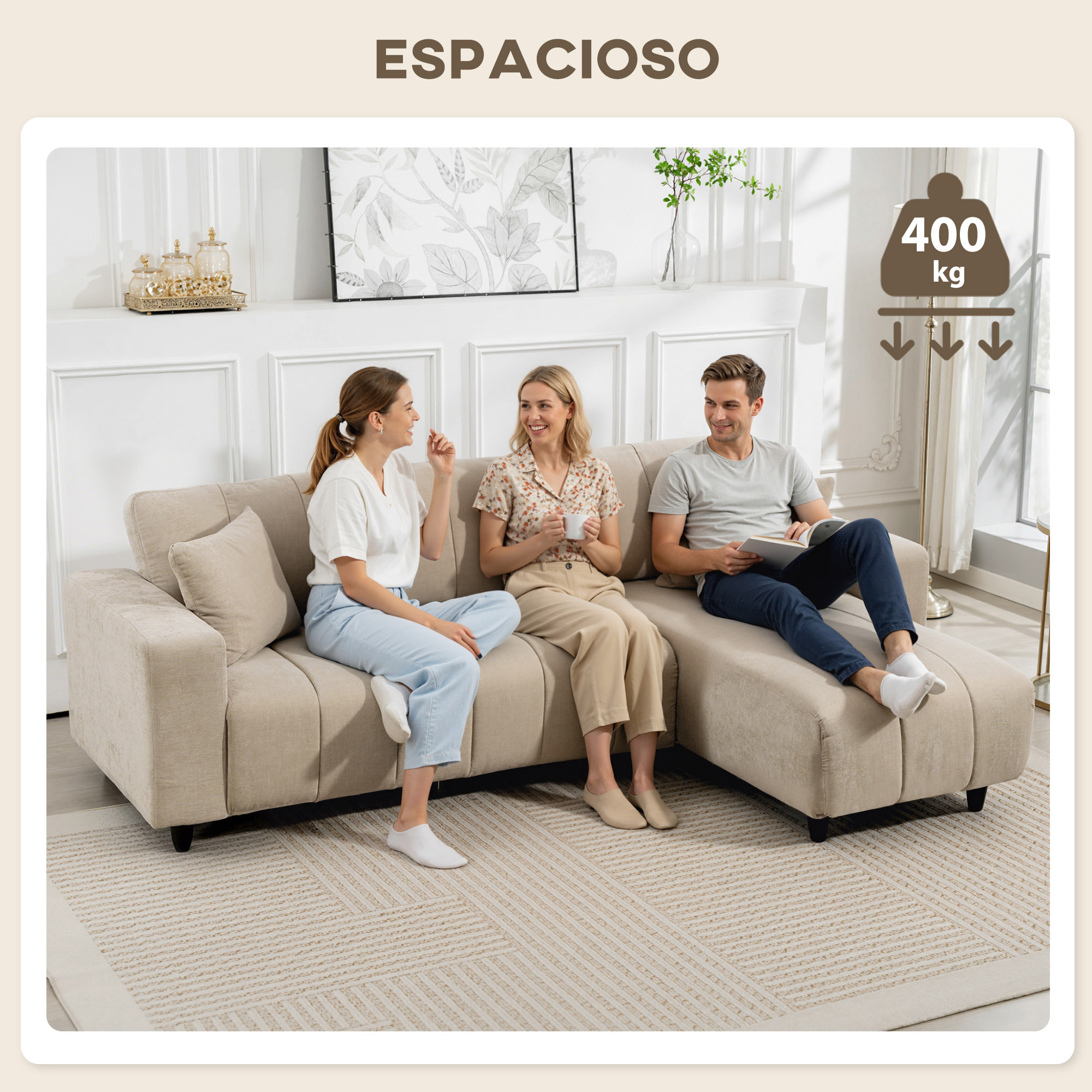 Sofá Chaise Longue Reversible, Sofá Esquinero en Forma de L de 3 Plazas, 2 Almohadas, Tapizado en Lino, Marco de Acero, para Salón, 242x156x87 cm, Beige