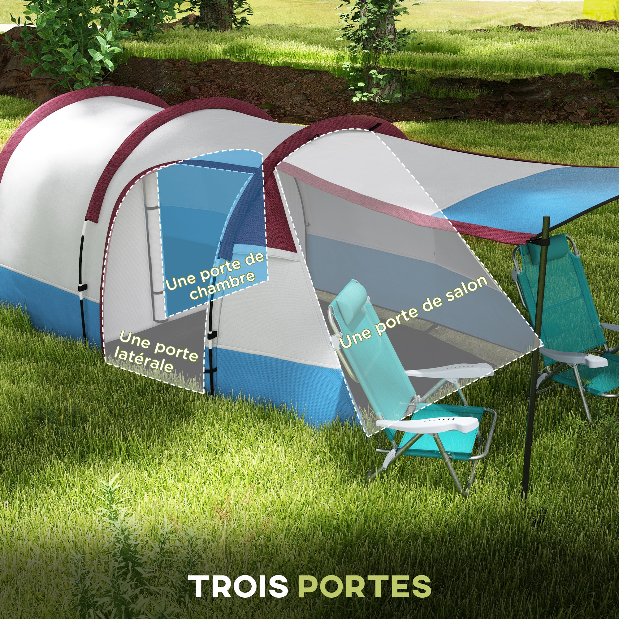 Tente de camping 2-3 pers. porche étanche 2000 mm 3 portes sac de transport rouge