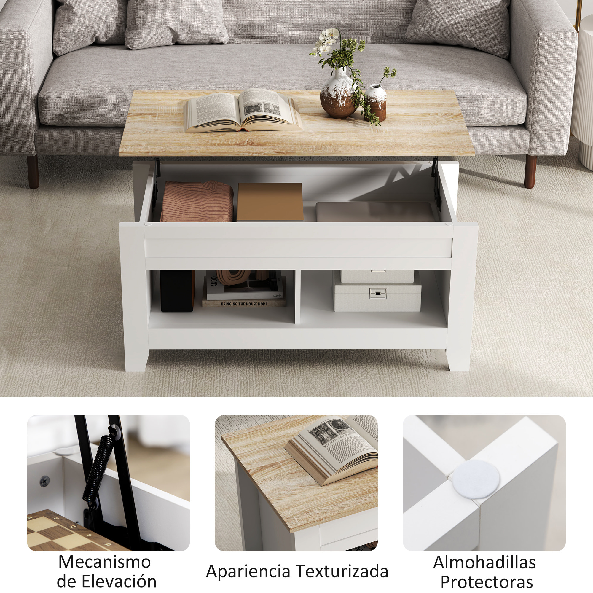 Mesa de Centro Elevable Mesa de Café con Encimera Elevable 2 Compartimentos Abiertos y Espacio Oculto de Almacenaje 105x50x49 cm Blanco y Natural