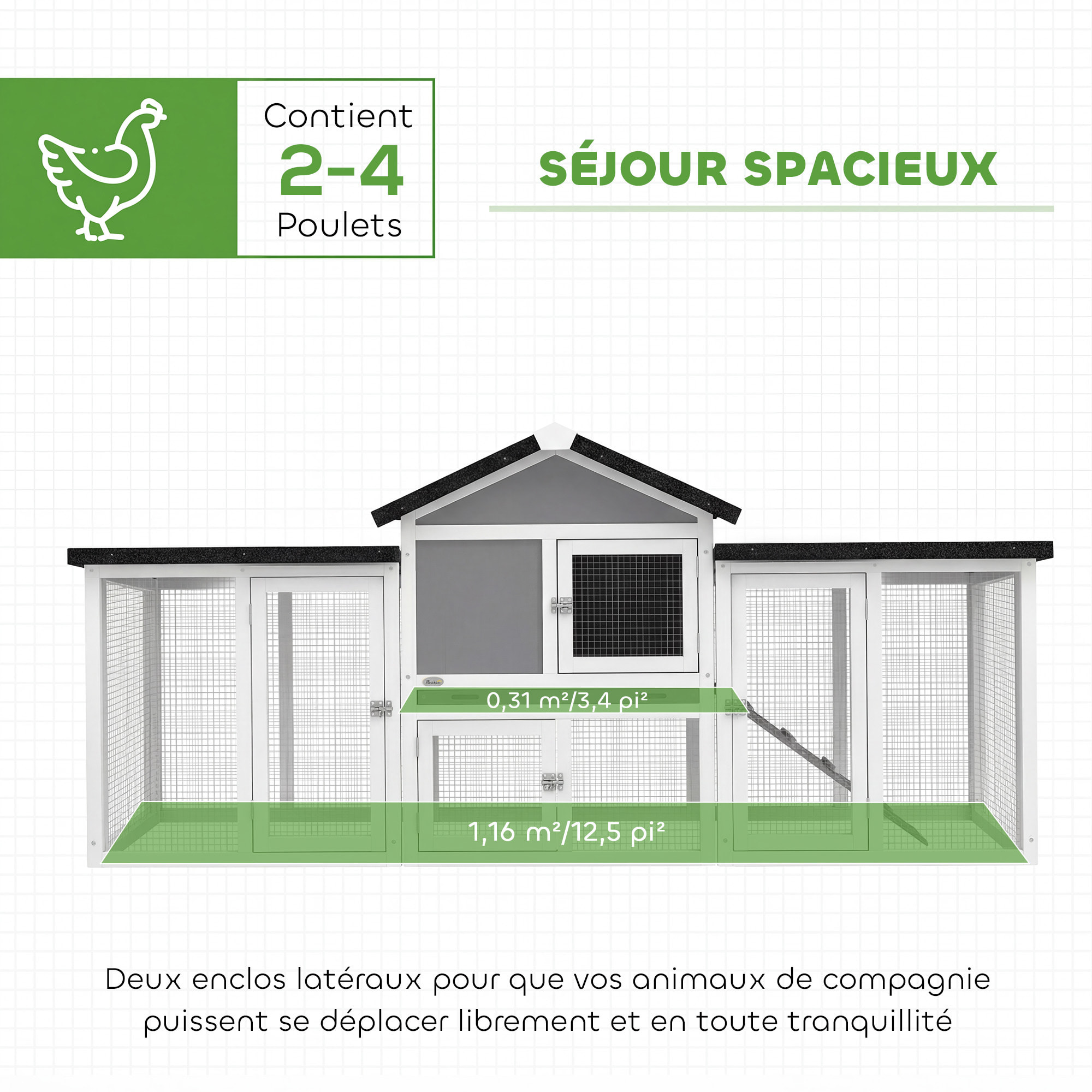 Poulailler chalet multi-équipé rampes nichoirs pondoirs plateau excrément fenêtre portes bois gris blanc