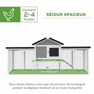 Poulailler chalet multi-équipé rampes nichoirs pondoirs plateau excrément fenêtre portes bois gris blanc