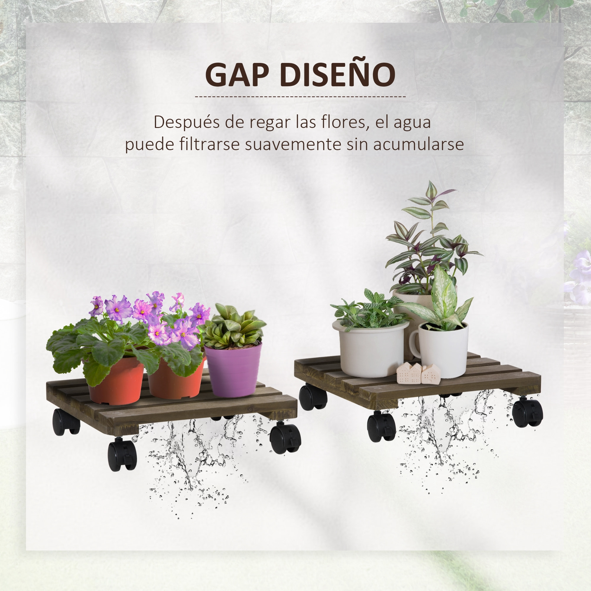 Pack de 2 Plataformas con Ruedas de Madera, Soportes para Plantas con Ruedas 360 ° Giratorias Bloqueables, Bases para Macetas, Exterior, Interior, Jardín, Carga 50 kg, Marrón Oscuro
