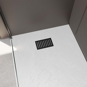 Receveur de douche Blanc Effet Pierre 80x100 cm et Grille décor Linéaire Noire Mate
