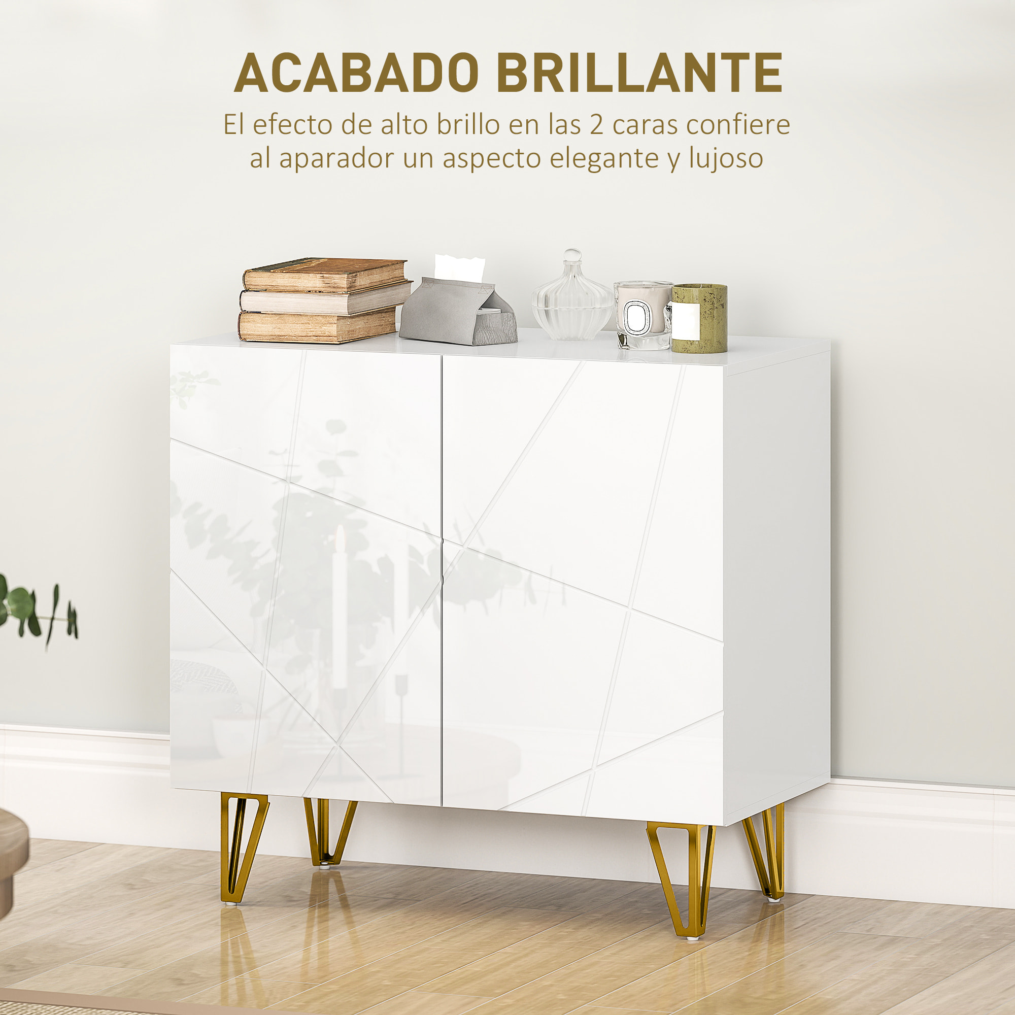 Aparador para Salón Aparador de Entrada con 2 Puertas y Estantes Ajustables Armario de Almacenamiento para Cocina Sala 80x40x75 cm Blanco Brillo