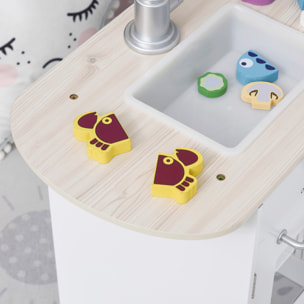 Cocina de Juguete de Madera para Niños de +3 Años con 14 Accesorios Separable Cocinita Infantil con Sonido Nevera Microondas Fregadero Campana 86x64x84,5 cm Blanco