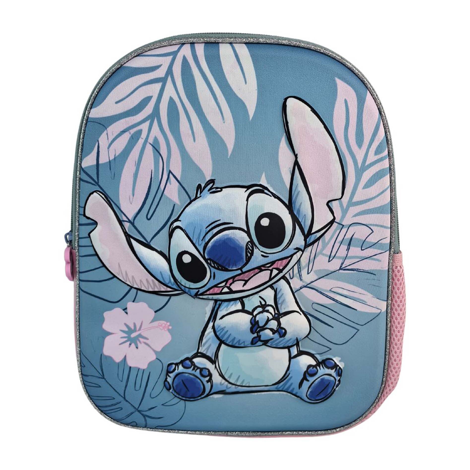 Stitch Pink Mochila Preescolar 3D. Bolsillo lateral. Espaldera acolchada.