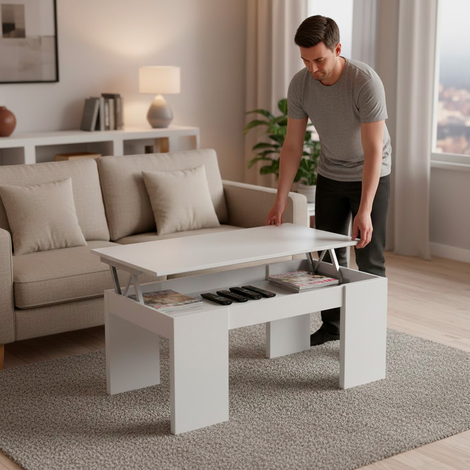 Tavolino da Caffè Con Piano Rialzabile Con Vano Contenitore Alzabile Tavolo da Salotto Moderno Salvaspazio Ideale per Lavorare 100 x 50 x 42 cm Bianco