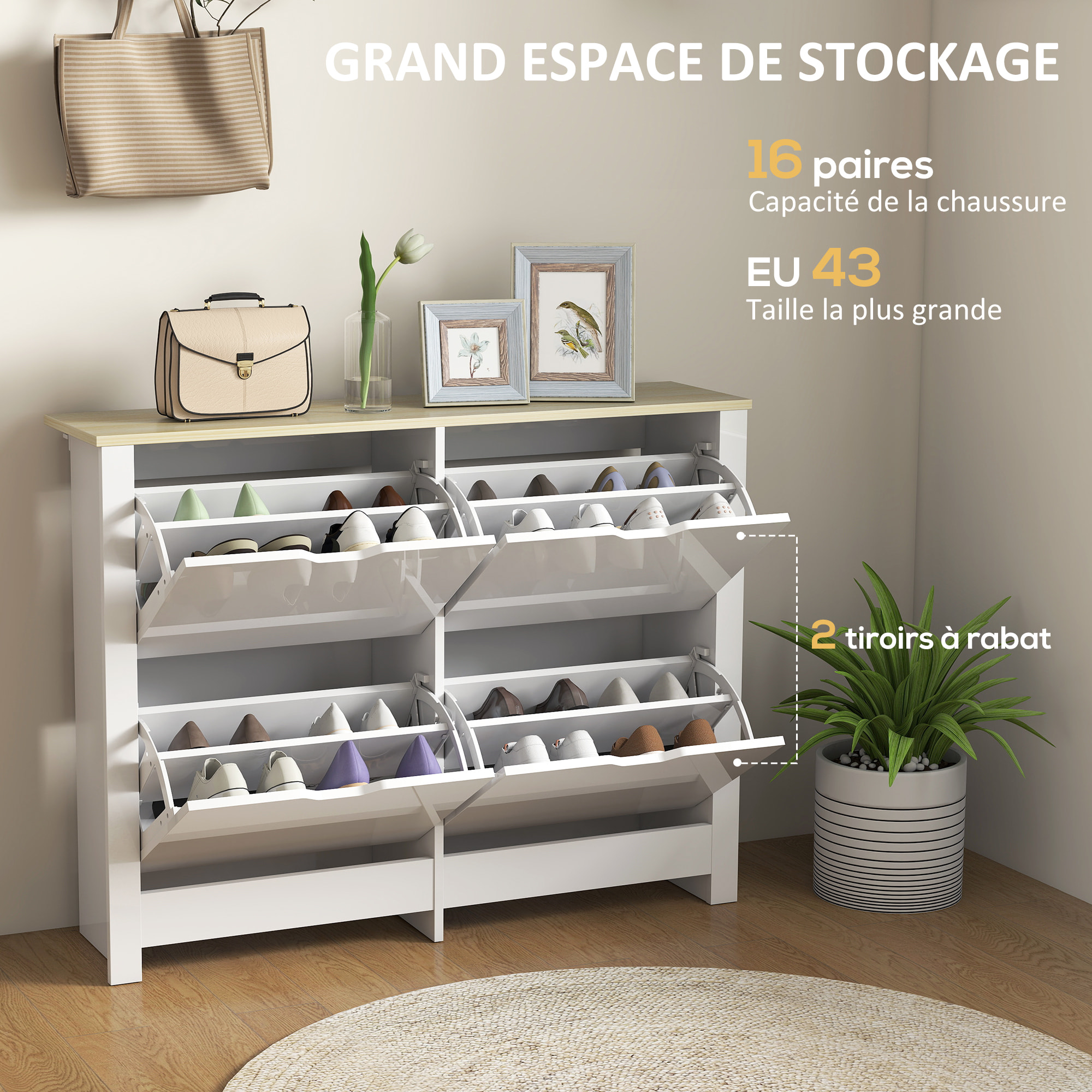 Armoire à chaussures 4 portes abattantes 2 compartiments panneaux particules blanc chêne