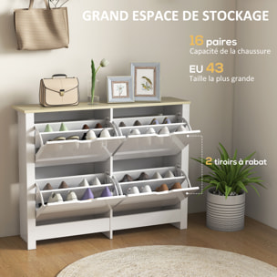 Armoire à chaussures 4 portes abattantes 2 compartiments panneaux particules blanc chêne