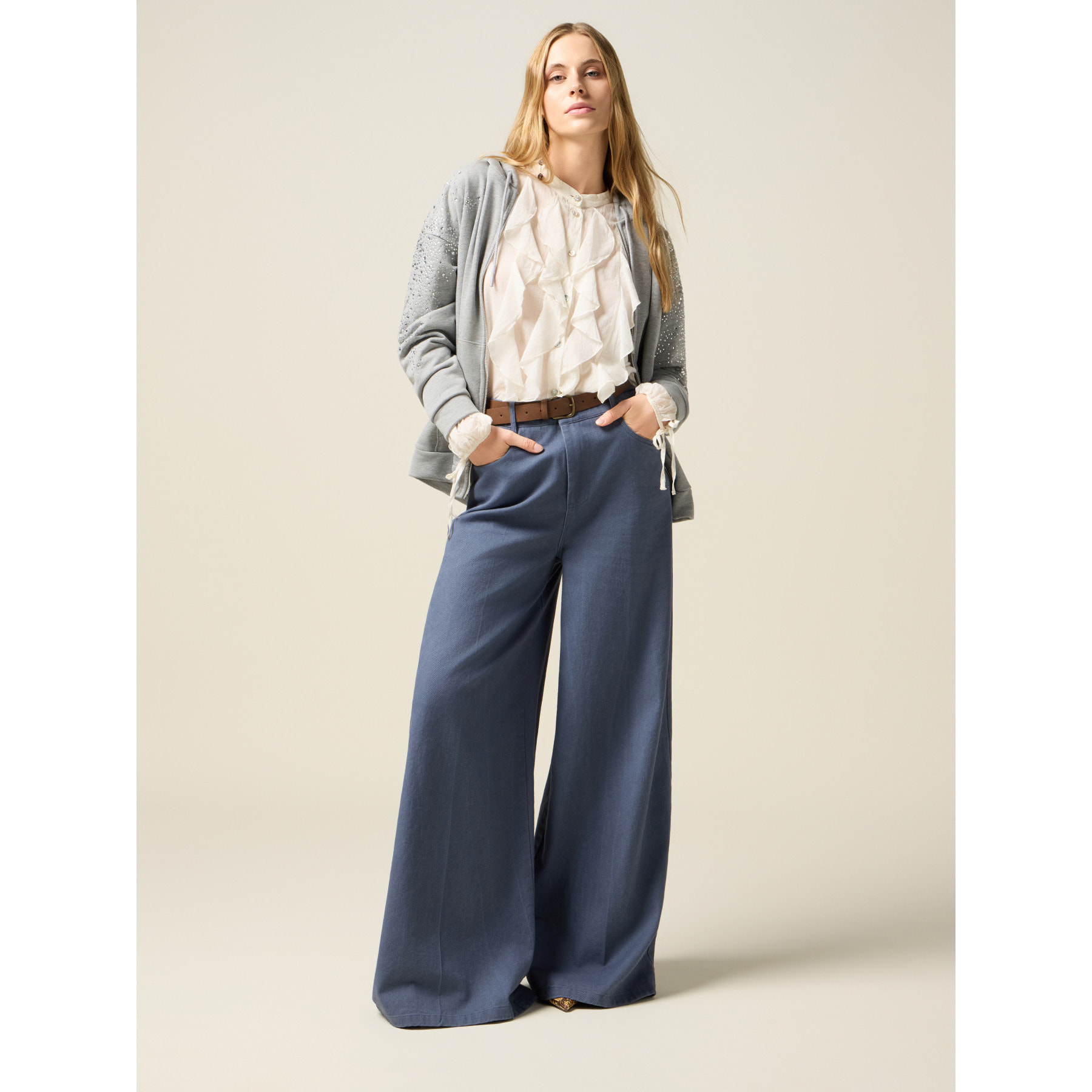 Oltre - Pantaloni palazzo in drill di cotone - Azzurro