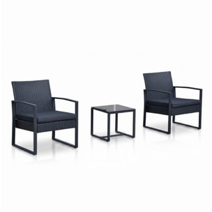 Salotto da giardino in rattan con struttura in ferro zincato, set con sedie e tavolino in vetro temperato, resistente e moderno, ideale per balcone terrazzo e outdoor, compatto e facile da pulire, design elegante e durevole