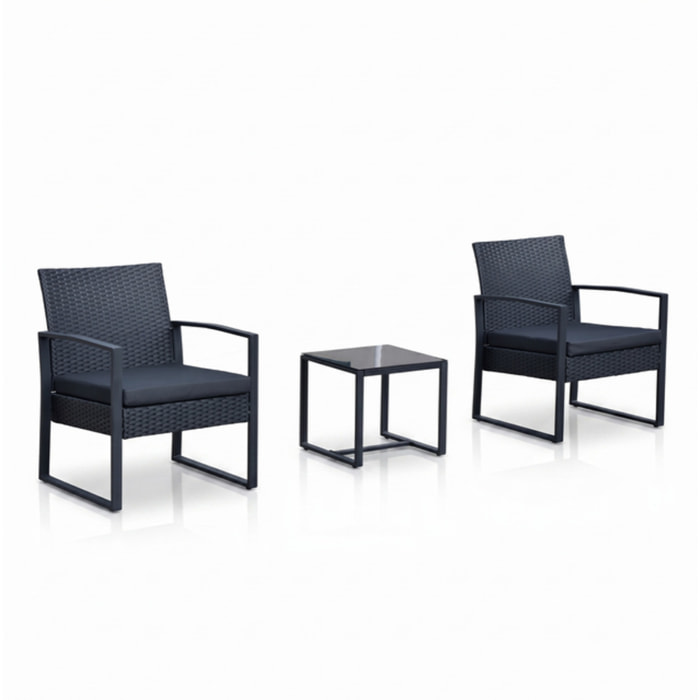 Salotto da giardino in rattan con struttura in ferro zincato, set con sedie e tavolino in vetro temperato, resistente e moderno, ideale per balcone terrazzo e outdoor, compatto e facile da pulire, design elegante e durevole