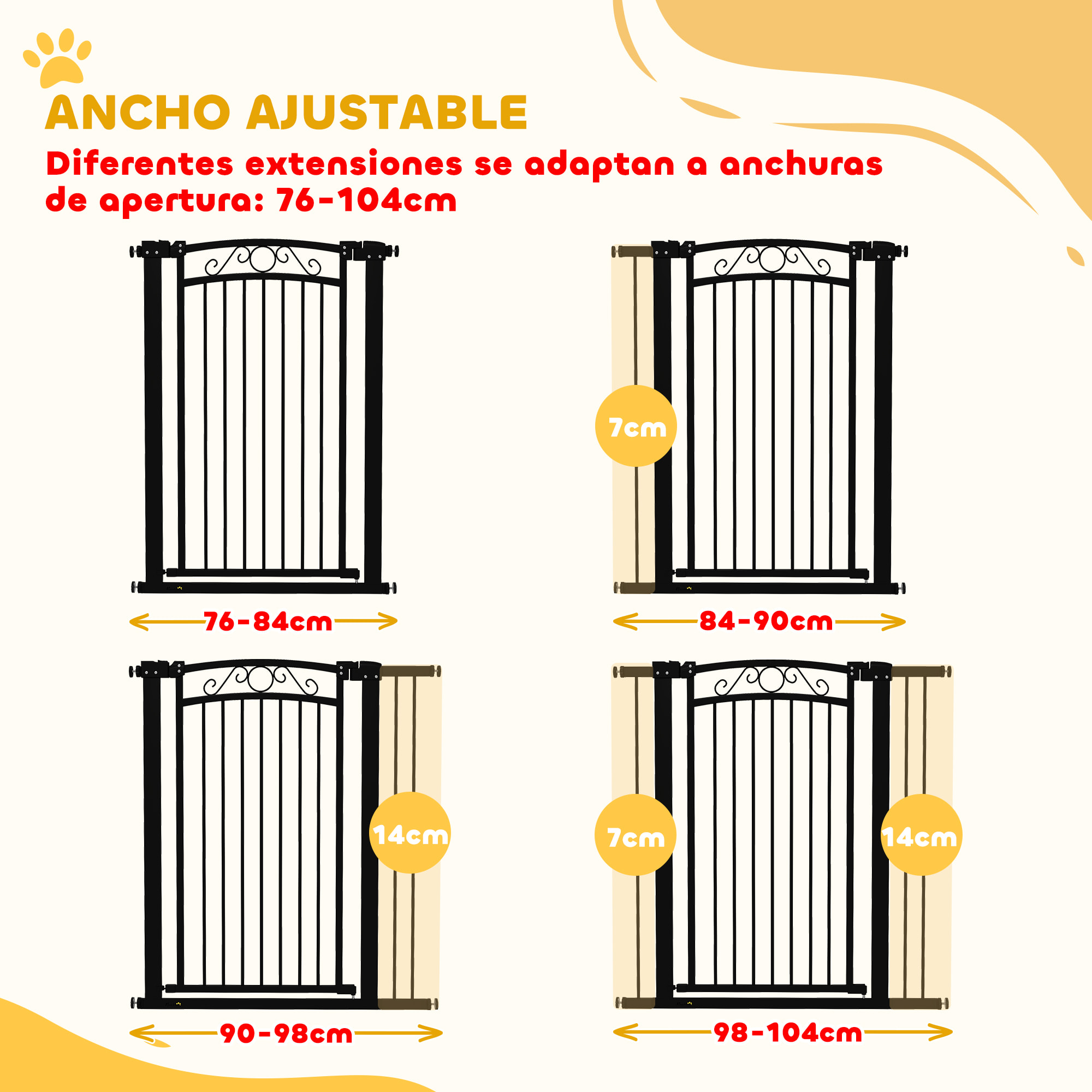 Barrera para Perros Puerta para Perros con Ancho Ajustable 76-104 cm Barrera de Seguridad para Perros con 2 Extensiones y Doble Bloqueo para Escaleras y Puertas Negro