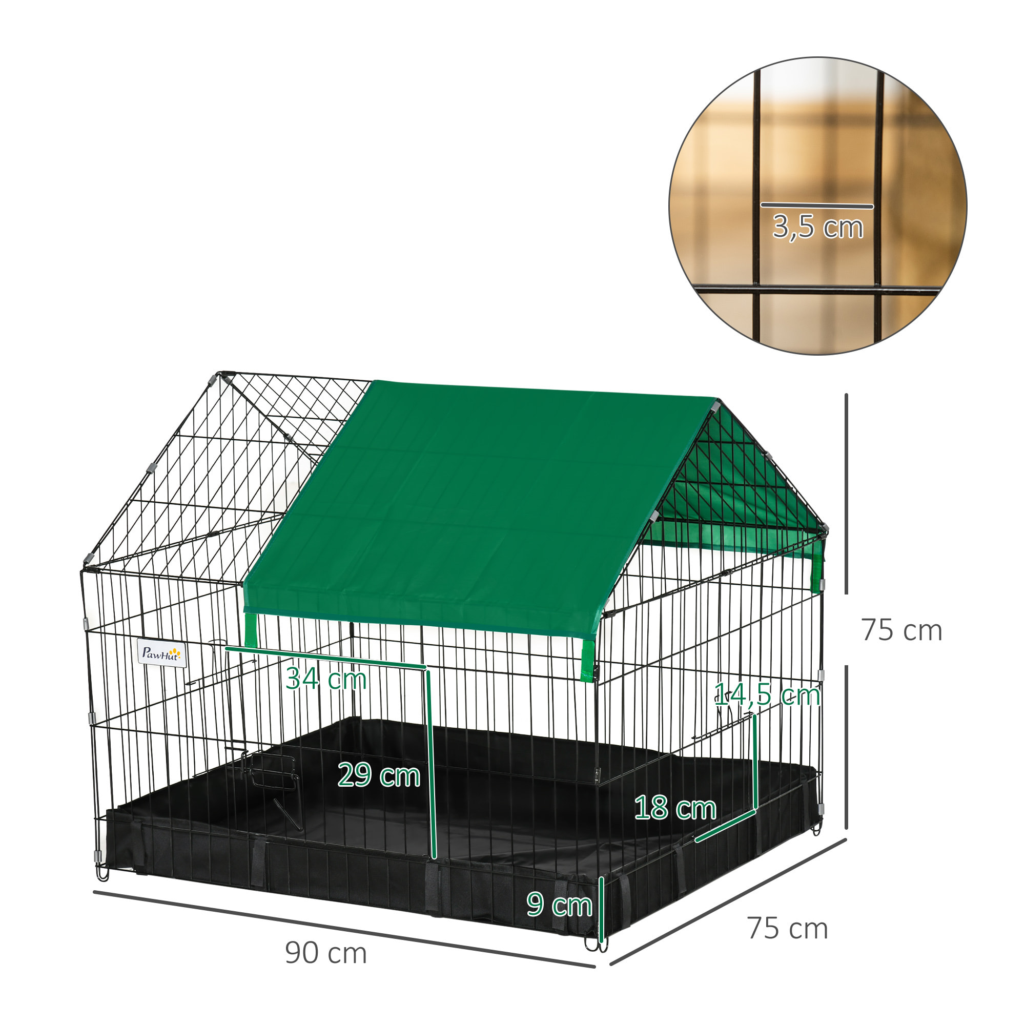 Jaula para Animales Pequeños Parque para Mascotas con 2 Puertas Toldo y Base con Tela Oxford Impermeable para Interior y Exterior 90x75x75 cm Negro y Verde