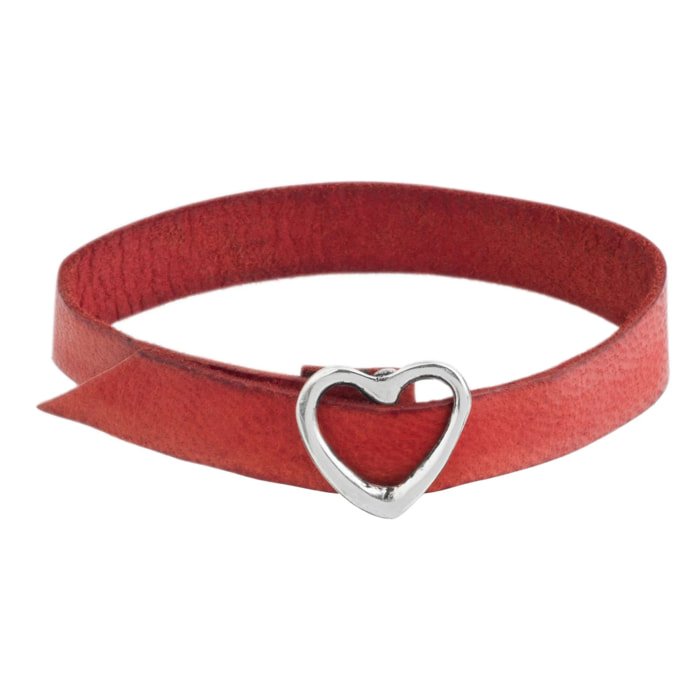 Pulsera piel rojo hebilla corazón chapado plata