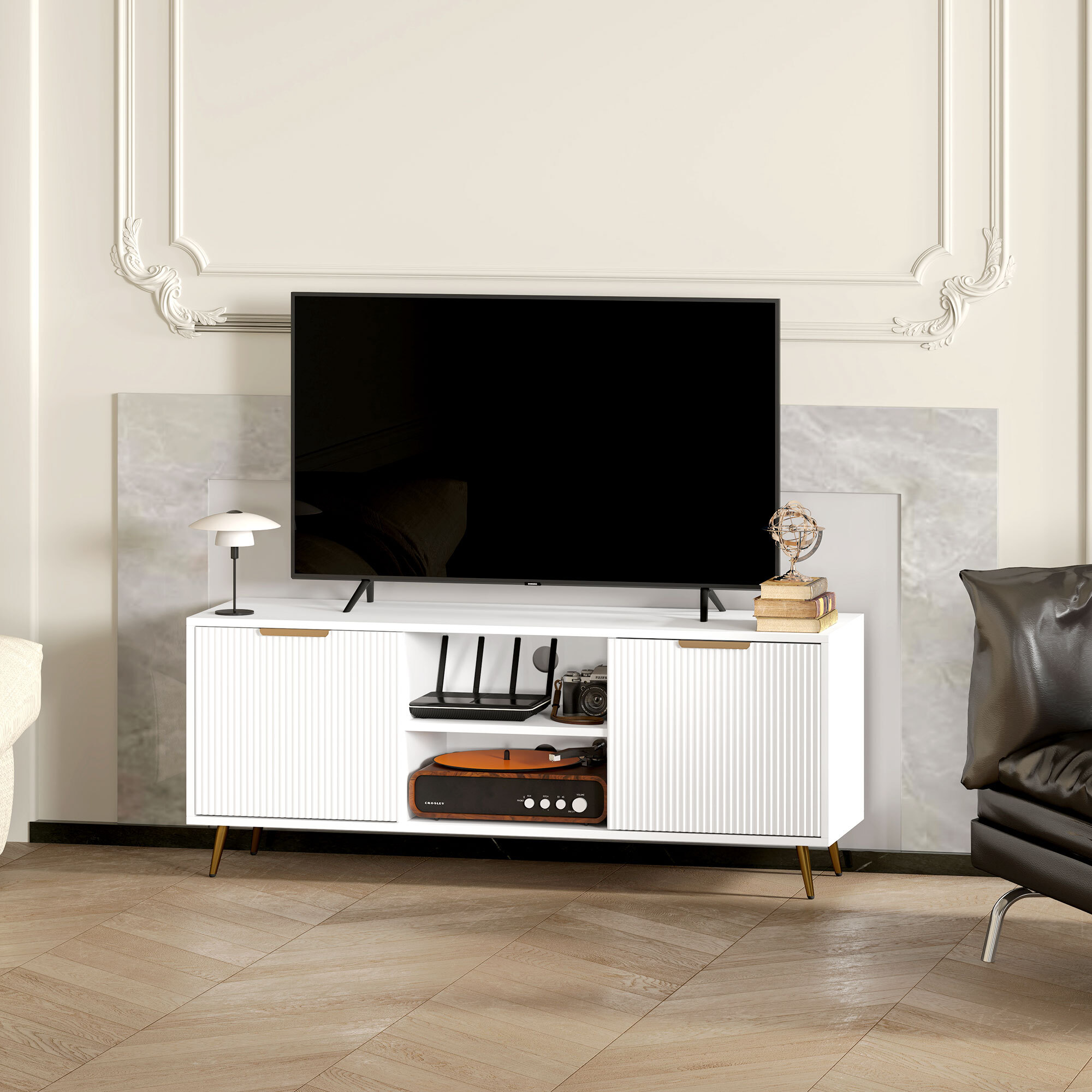 Mueble de TV Moderno Mueble de TV para Salón con 2 Compartimentos Abiertos y 2 Puertas Mueble para Televisión de 55 Pulgadas 120x35x48 cm Blanco