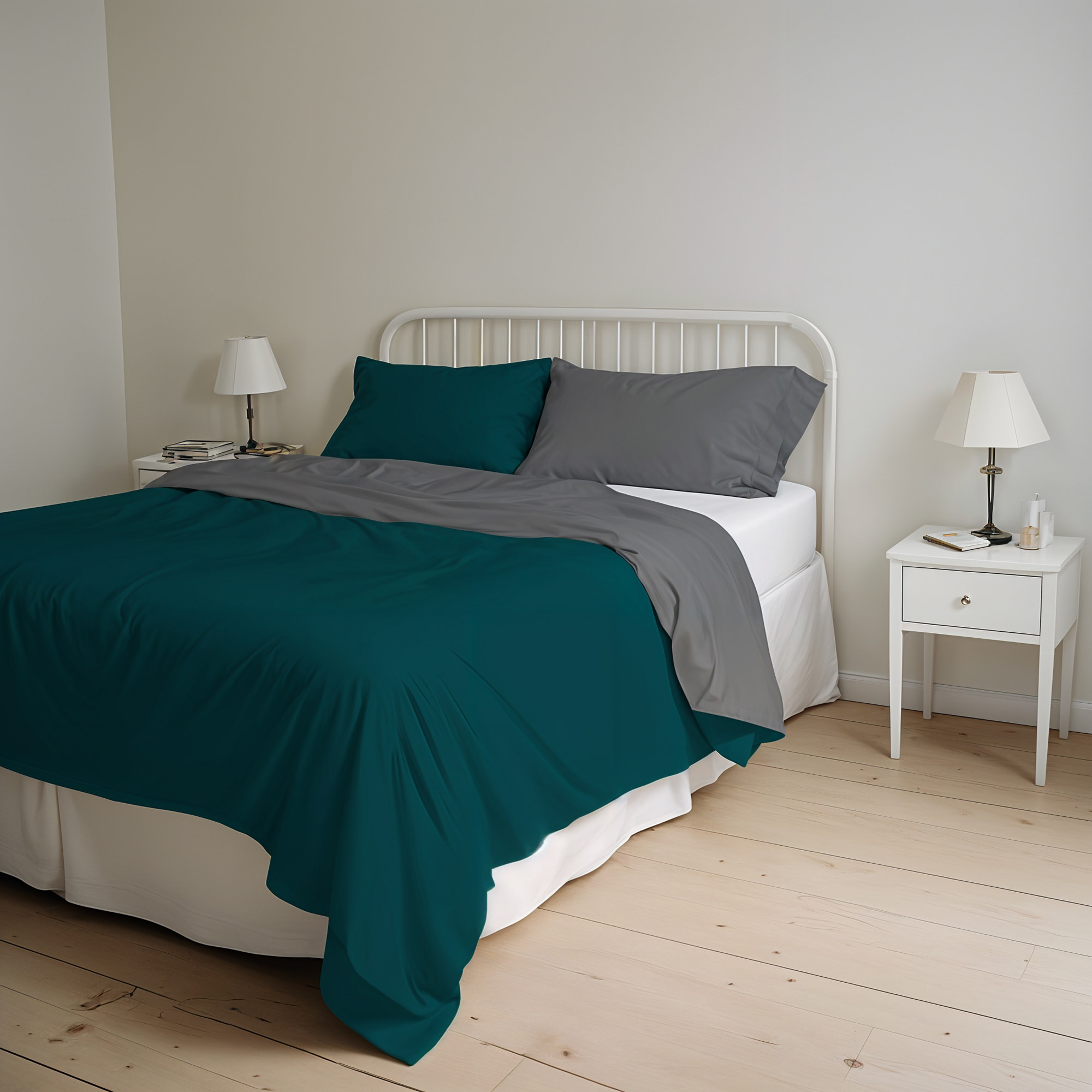 PARURE COPRIPIUMINO NATURAL COLOR, 100% Cotone, Made in Italy - VERDE PETROLIO/FUMO