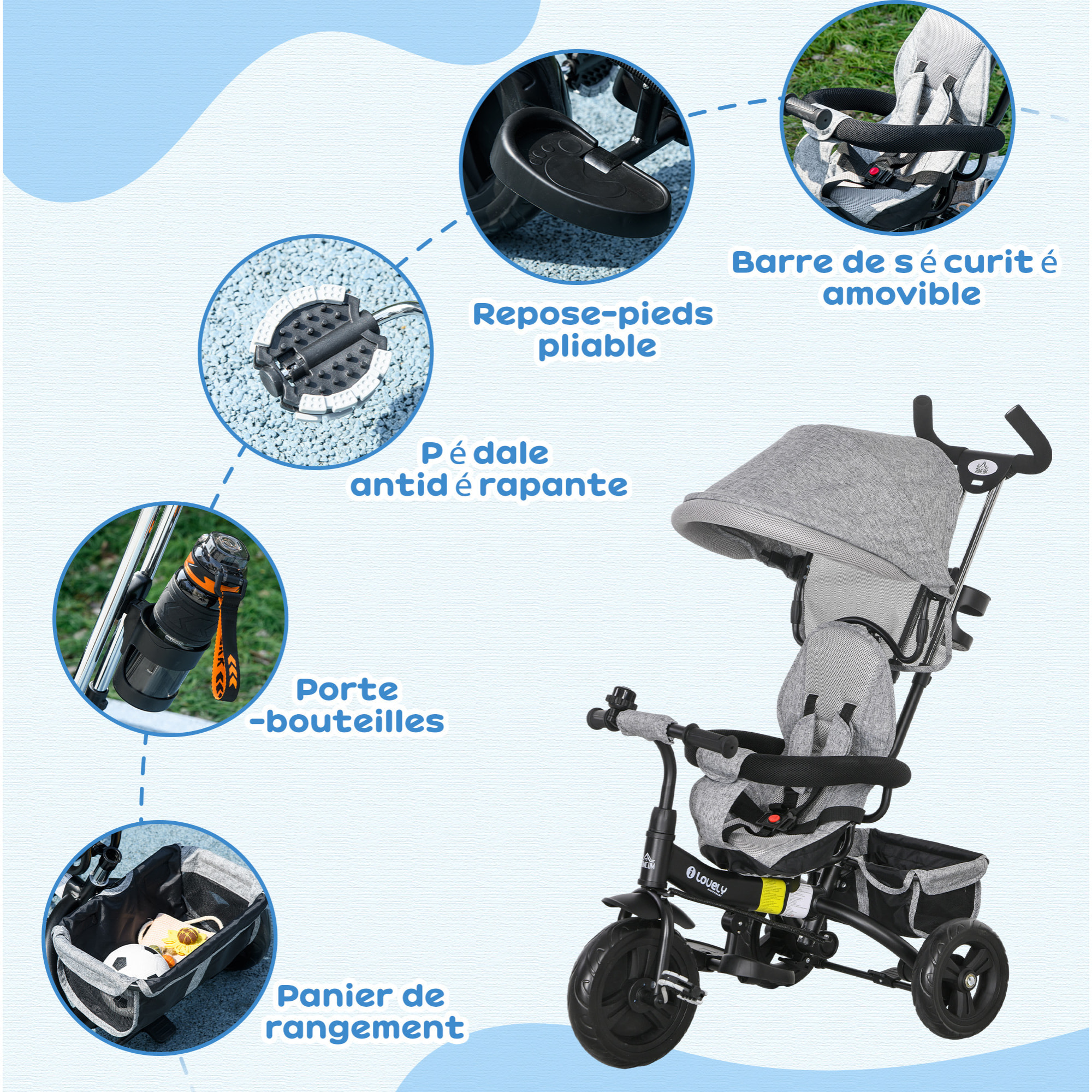 Tricycle enfant évolutif pare-soleil pliable canne télescopique amovible acier gris