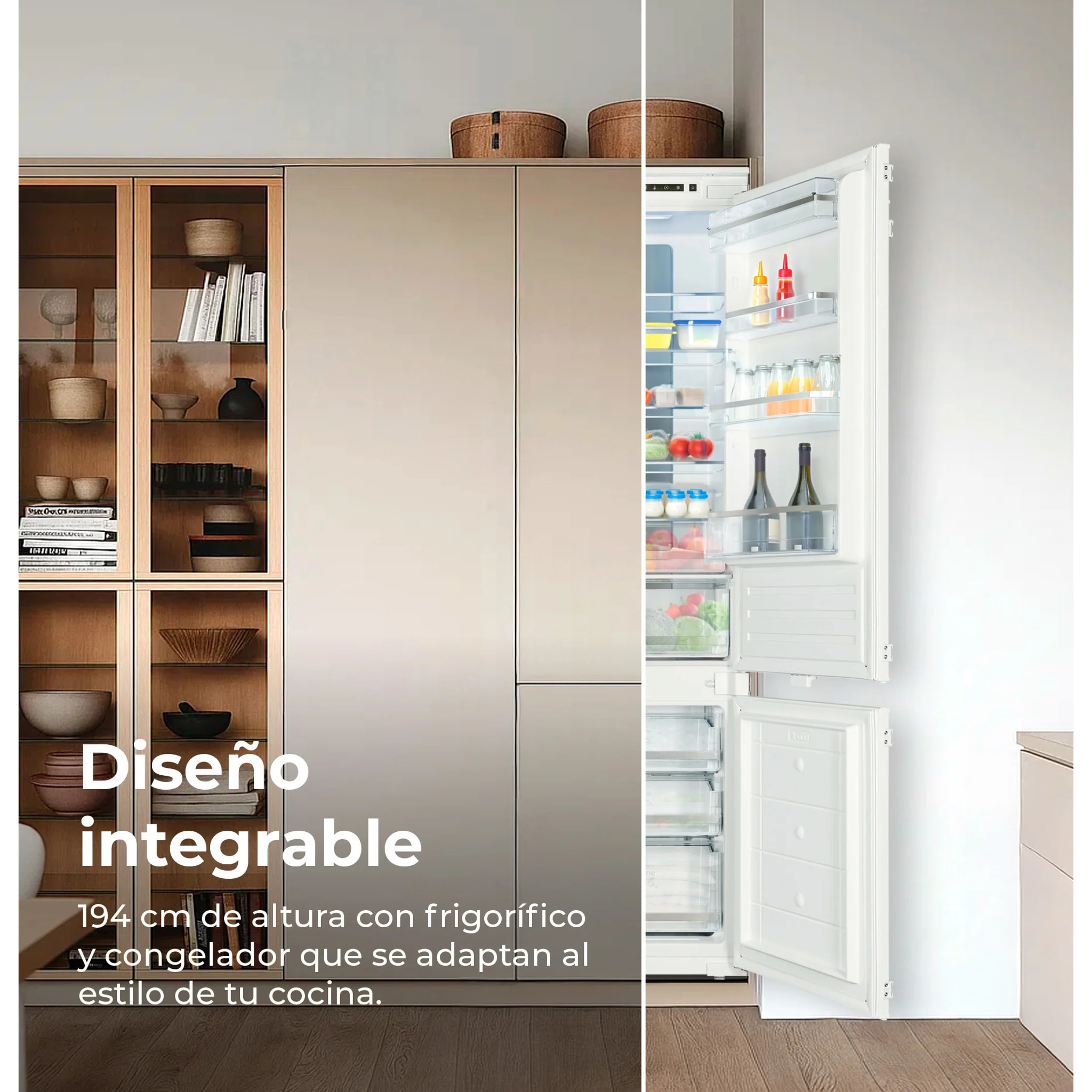 EVVO Frigorífico combi integrable Fi65, 180L+64L, No Frost, Chiller Zone, ECO, Vacaciones, congelación rápida, silencioso.