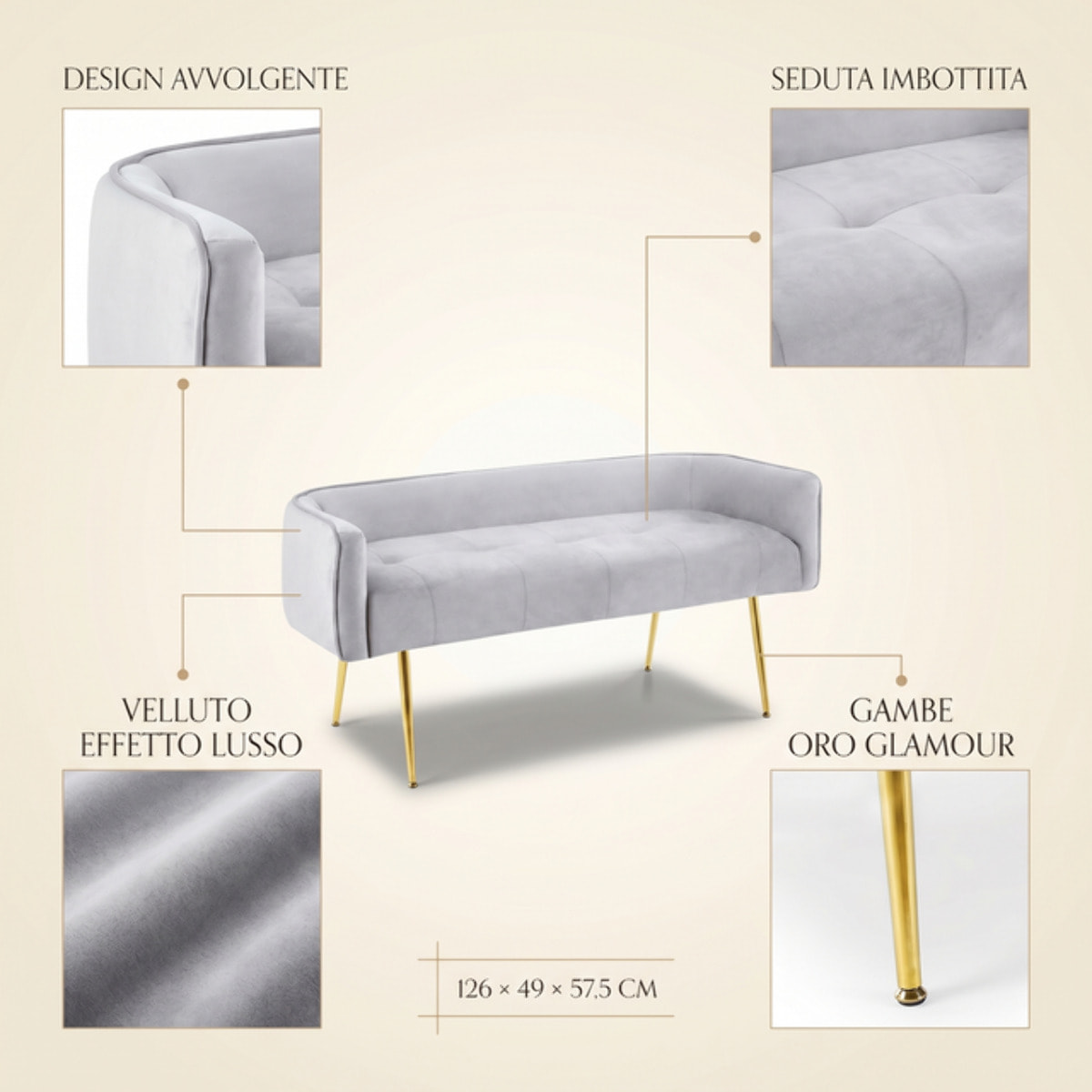 Divanetto Imbottito in Effetto Velluto con Braccioli e Gambe in Acciaio, Seduta Elegante dal Design Moderno per Camera da Letto, Ingresso, Soggiorno e Studio