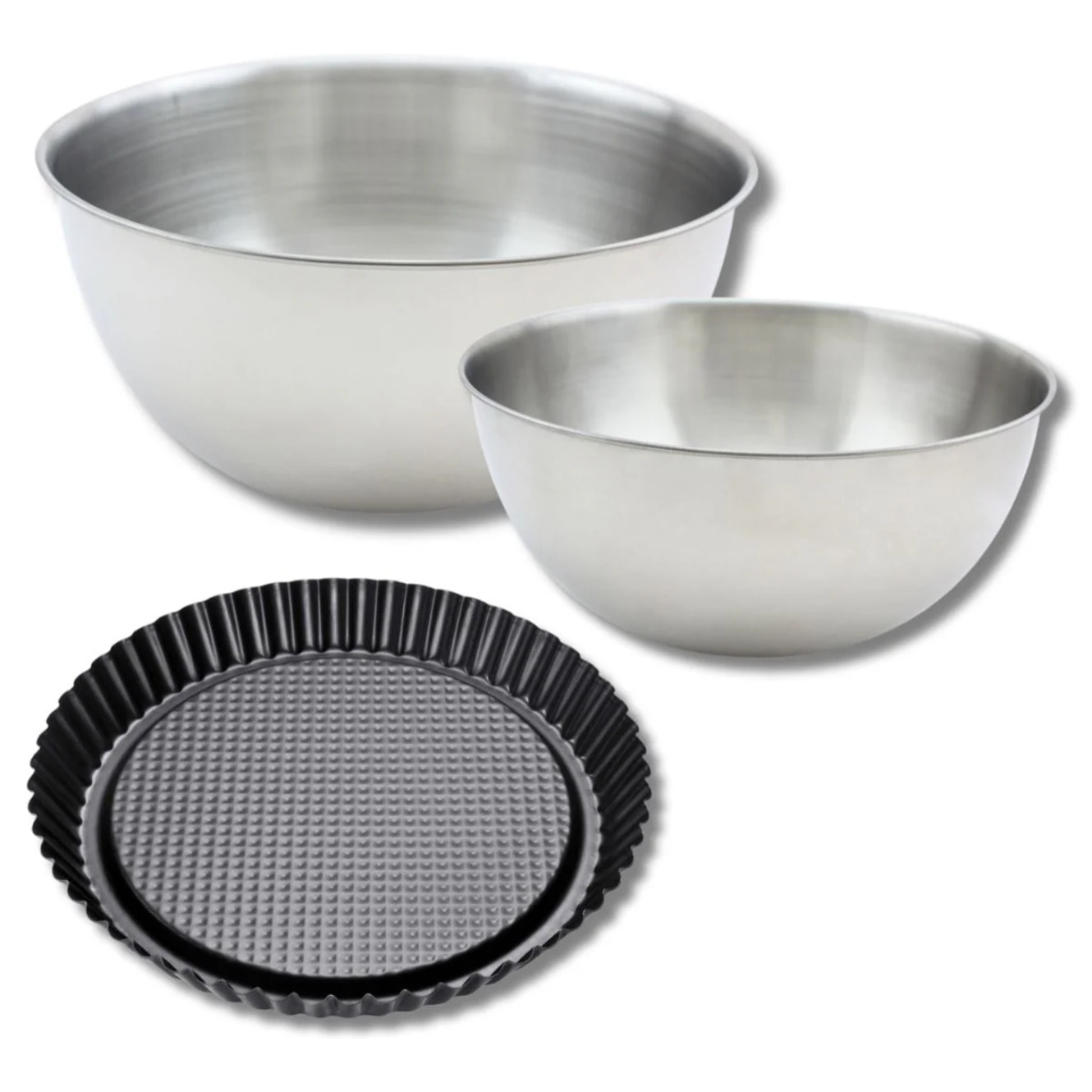 Lot avec 1 moule à tarte renversée 28 cm, 1 spatule Zenker et 2 bols à mixer en inox Fackelmann