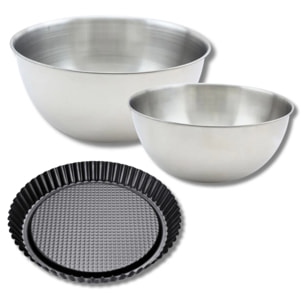 Lot avec 1 moule à tarte renversée 28 cm, 1 spatule Zenker et 2 bols à mixer en inox Fackelmann