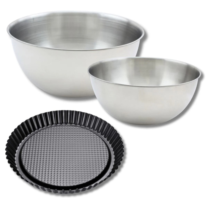 Lot avec 1 moule à tarte renversée 28 cm, 1 spatule Zenker et 2 bols à mixer en inox Fackelmann
