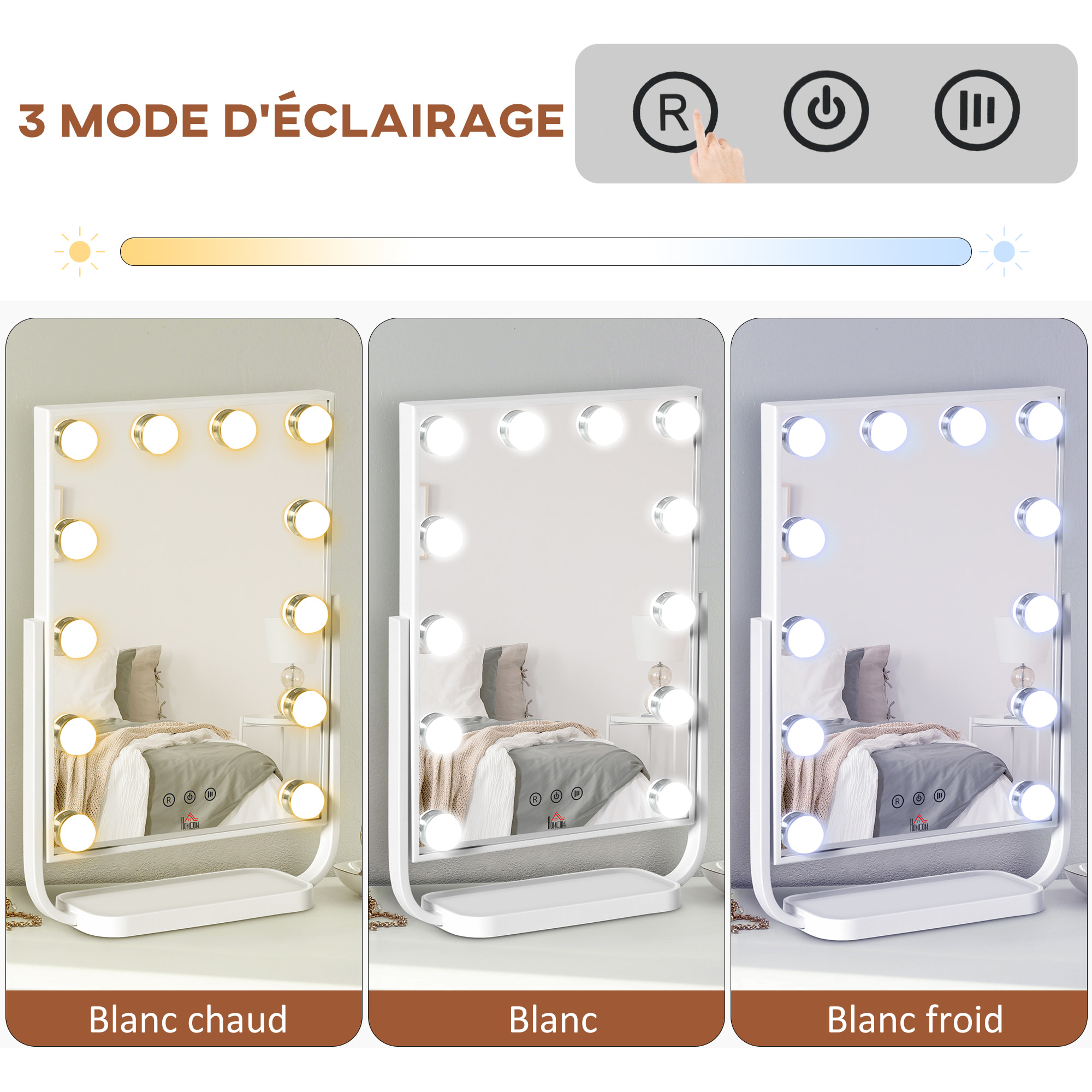 Miroir maquillage Hollywood lumineux LED tactile - 3 modes éclairage, inclinable, adaptateur - métal blanc verre