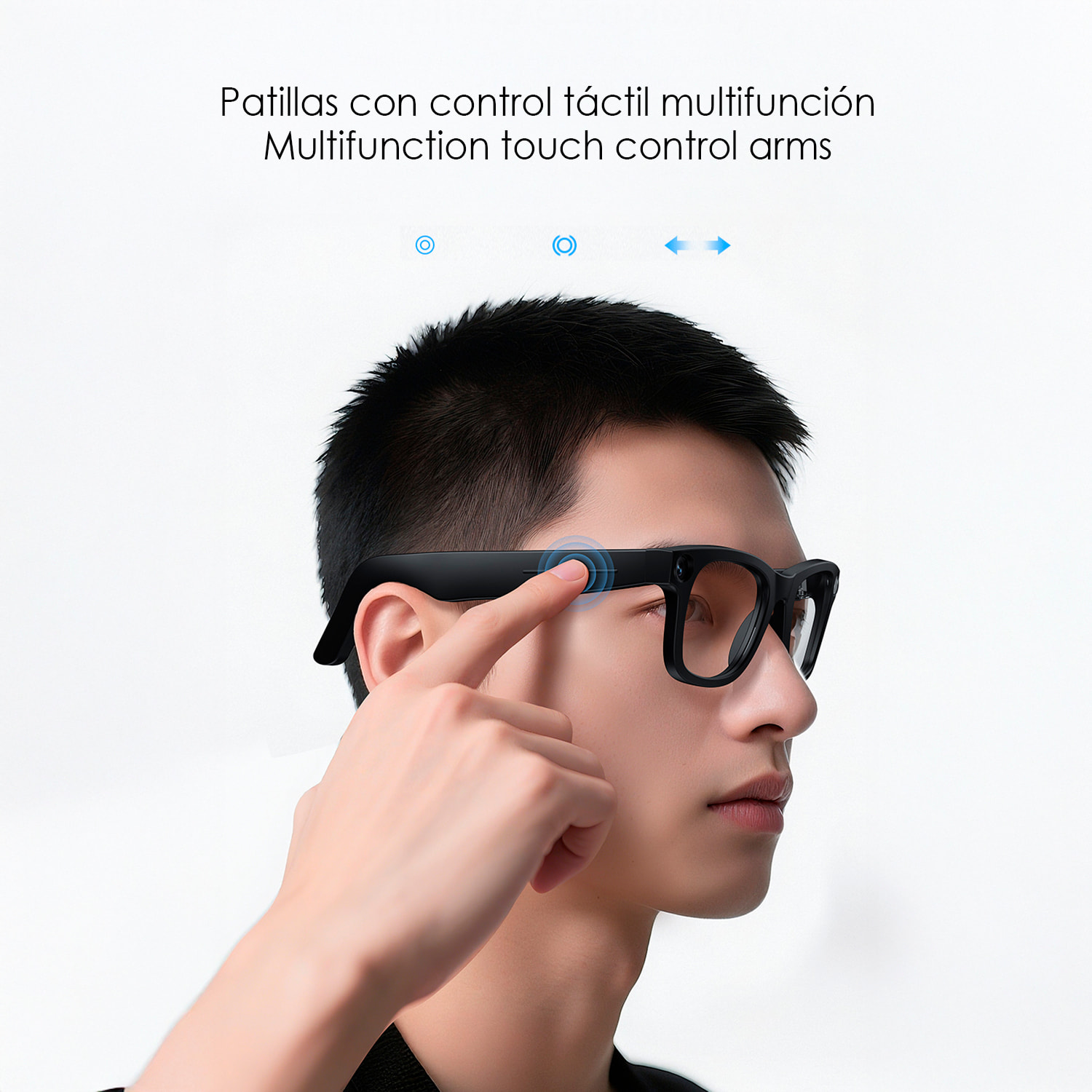 Gafas inteligentes E3. Con cámara de 8MPX, vídeos en 1080p, traductor AI en tiempo real y control de música/llamadas. Con lentes oscuras y transparentes.