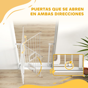 Barrera de Seguridad para Perros Extensible 75-85 cm, para Puertas y Escaleras, Barrera para Perros con Puerta Pequeña, Montaje a Presión, Doble Bloqueo, Blanco