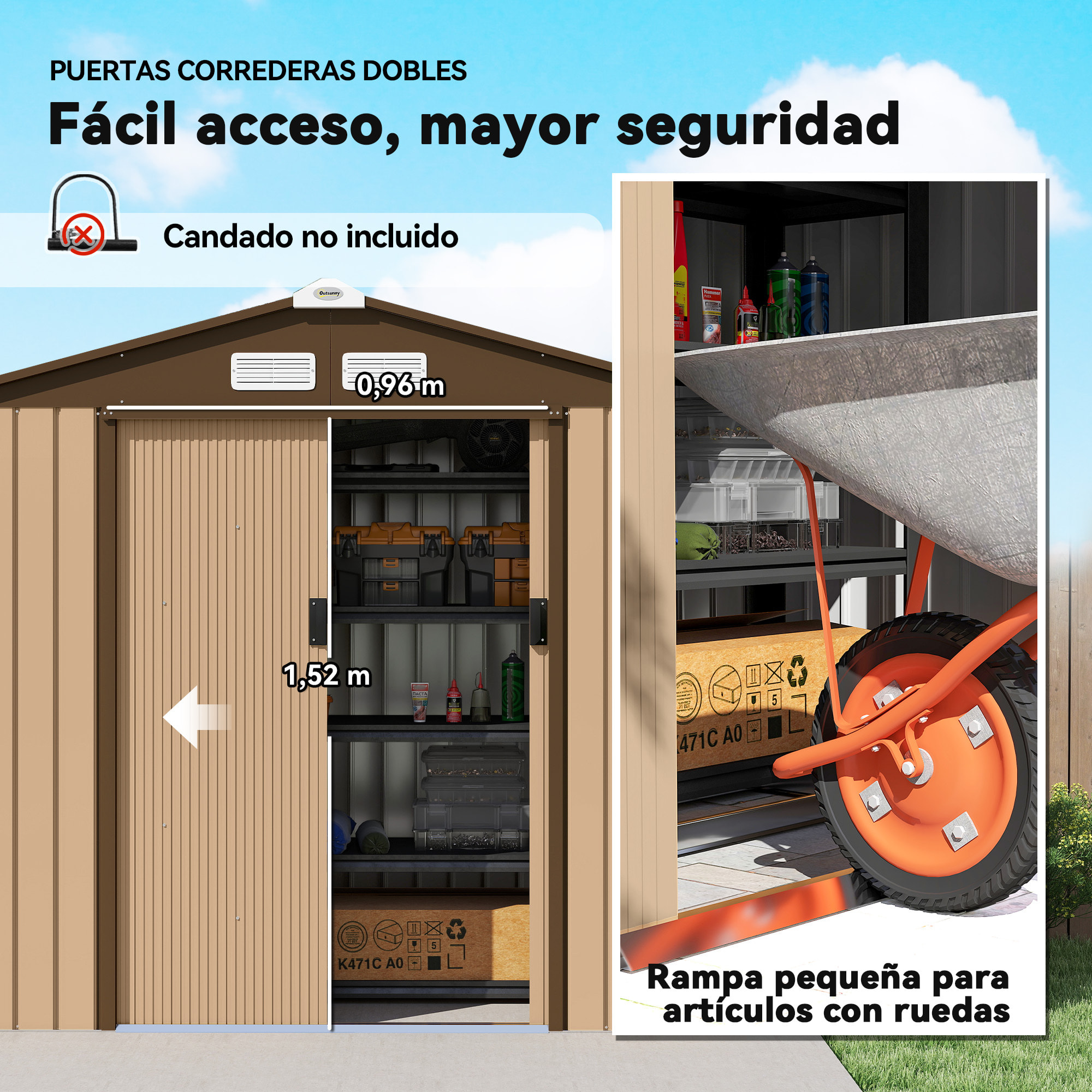 Caseta de Jardín Exterior 2,42 m², 213x130x185 cm, Cobertizo de Jardín Exterior Metálico con Puertas Correderas, Ventilación y Kit de Fundación, para Almacenamiento de Herramientas, Amarillo